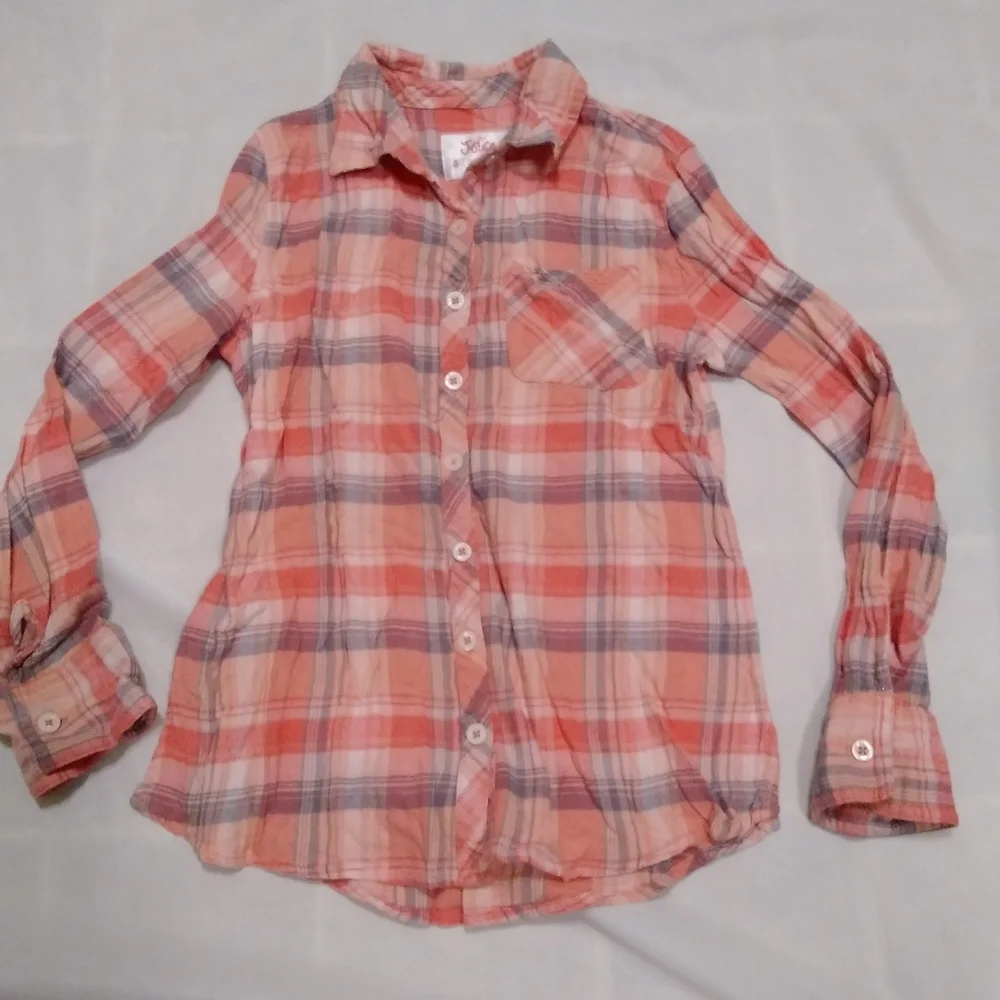 Justice Plaid Button Up Embroidered Shirt Size 8